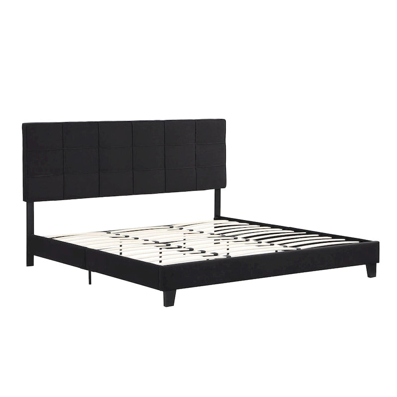 Black King Size Linen Upholstered Bed with Tufted Headboard