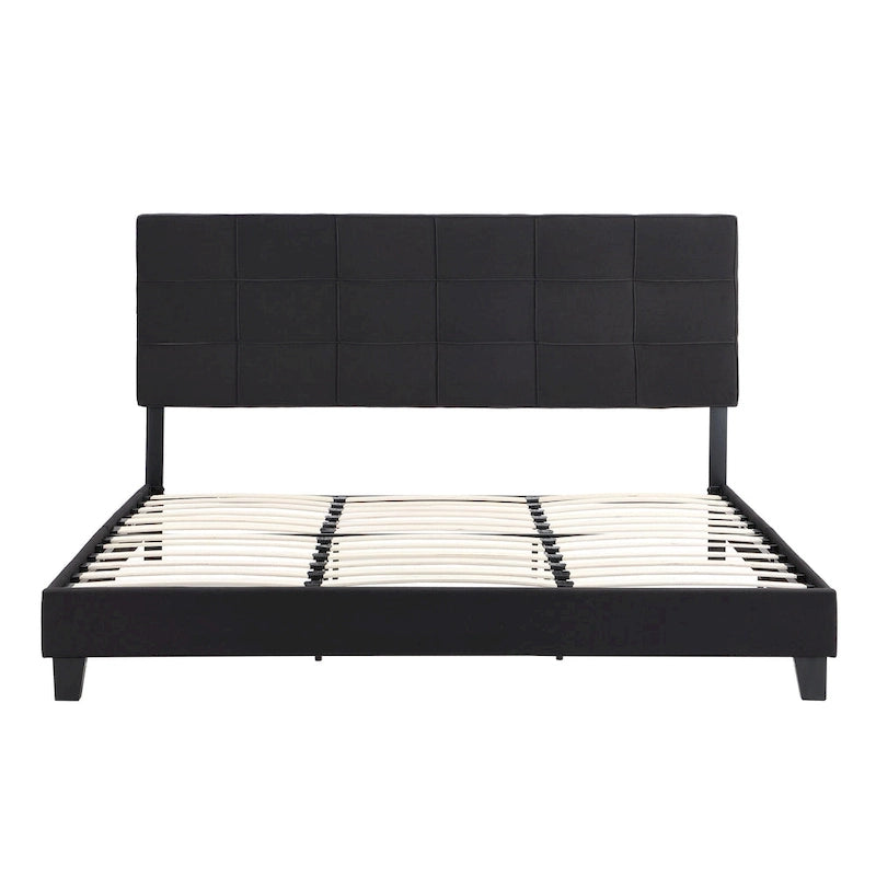 Black King Size Linen Upholstered Bed with Tufted Headboard