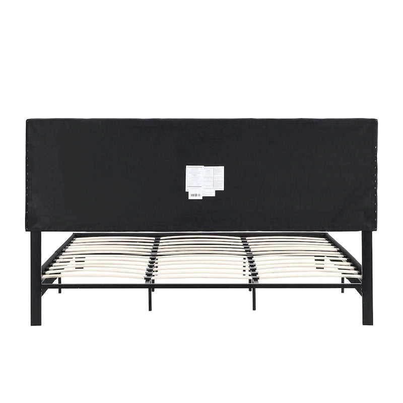Black King Size Linen Upholstered Bed with Tufted Headboard