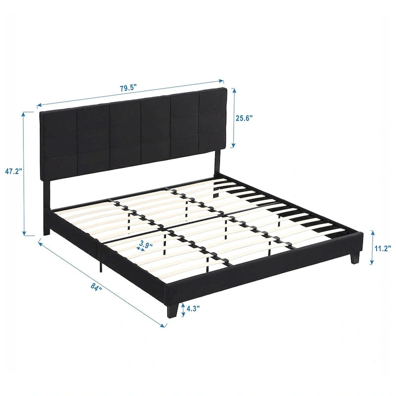 Black King Size Linen Upholstered Bed with Tufted Headboard