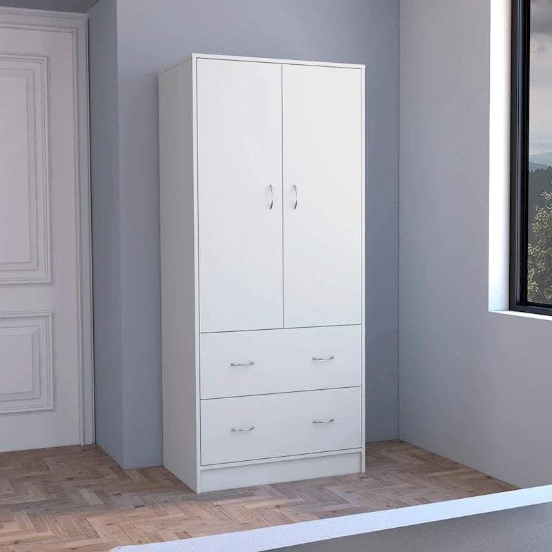 30.9 Modern Double-door Armoire with Two Drawers and Hanging Rod for Bedroom