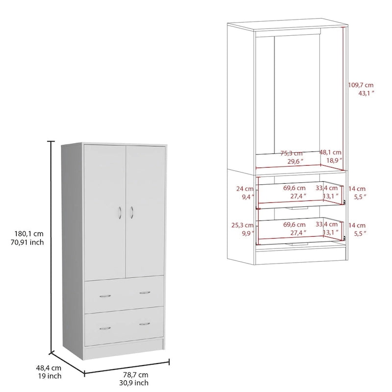 Modern Double-Door Armoire with Drawers and Hanging Rod