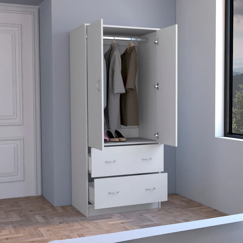 Modern Double-Door Armoire with Drawers and Hanging Rod