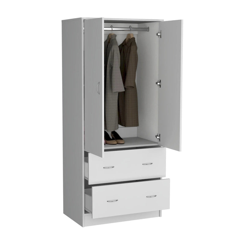 Modern Double-Door Armoire with Drawers and Hanging Rod