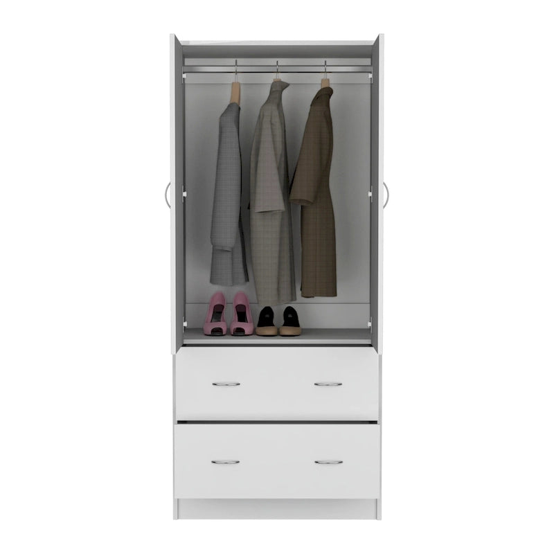 Modern Double-Door Armoire with Drawers and Hanging Rod