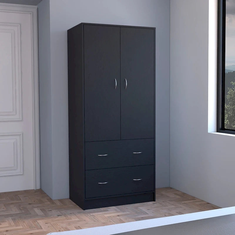 Modern Double-Door Armoire with Drawers and Hanging Rod