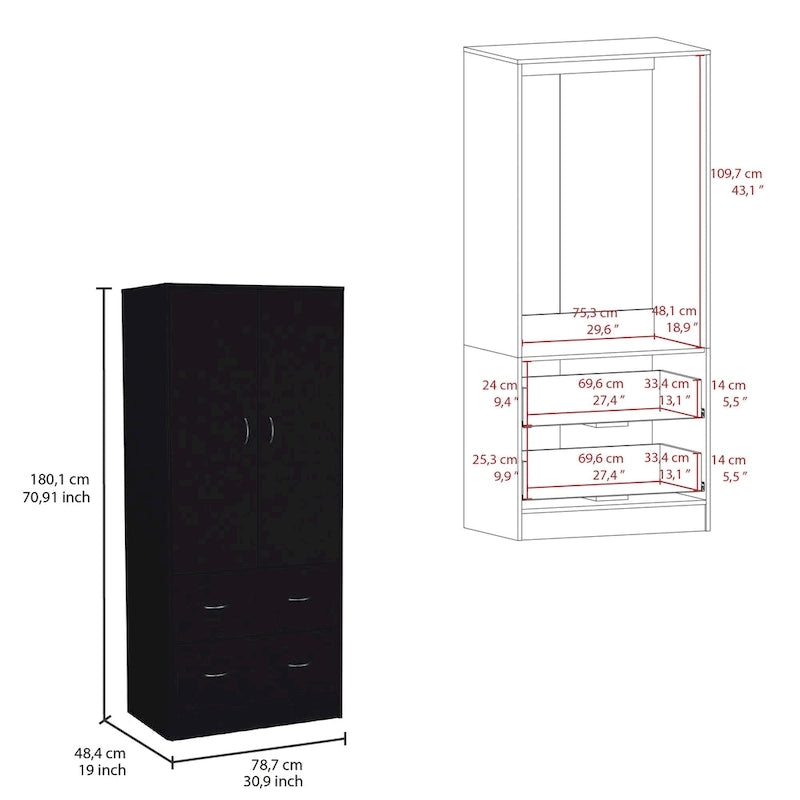 Modern Double-Door Armoire with Drawers and Hanging Rod