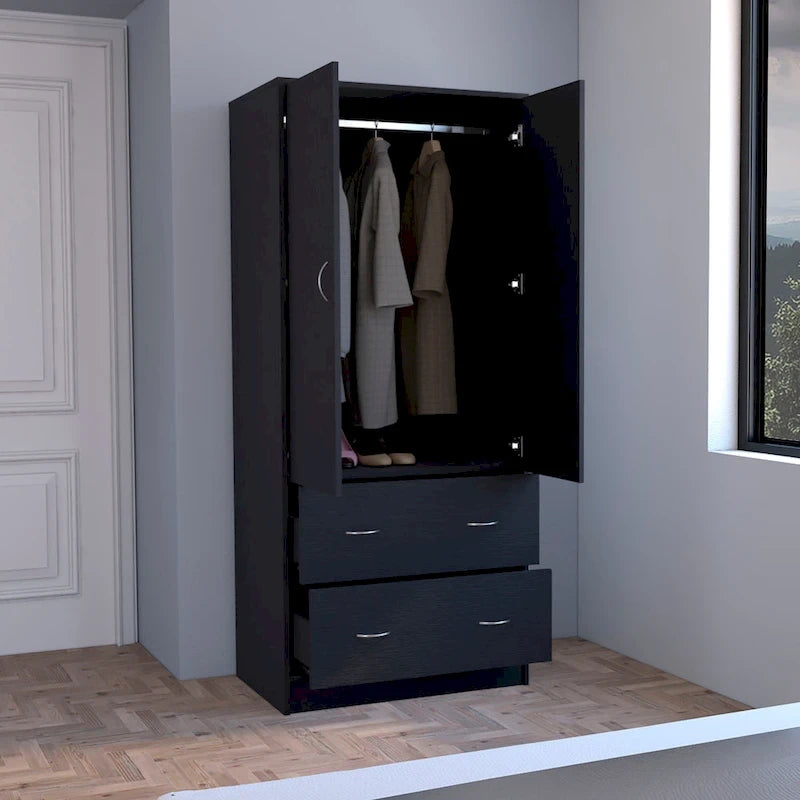 Modern Double-Door Armoire with Drawers and Hanging Rod