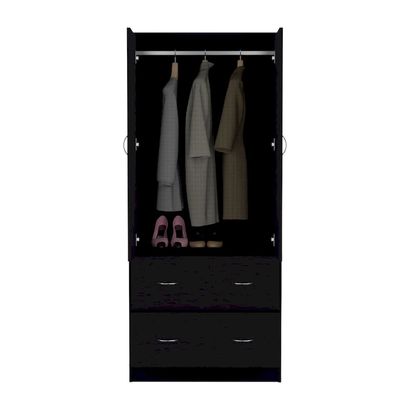 Modern Double-Door Armoire with Drawers and Hanging Rod