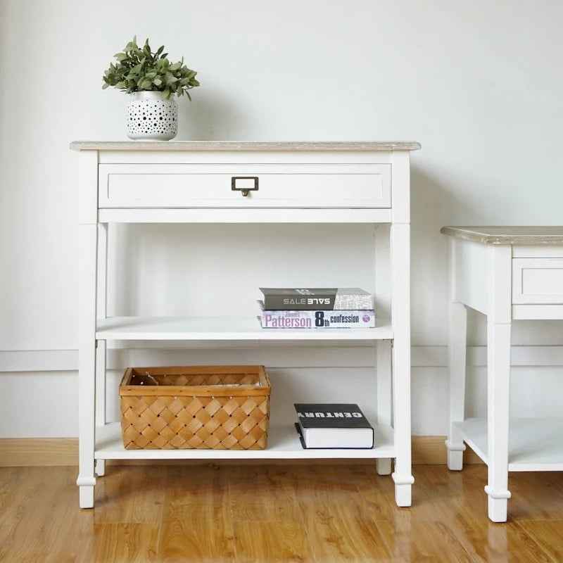 White Distressed Accent Side Table with Drawer