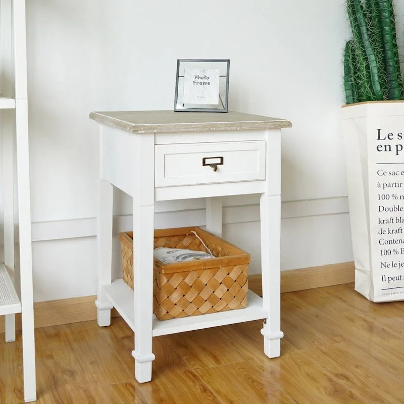 White Distressed Accent Side Table with Drawer