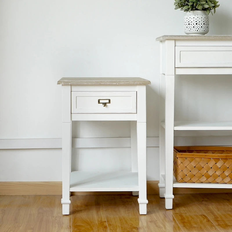 White Distressed Accent Side Table with Drawer