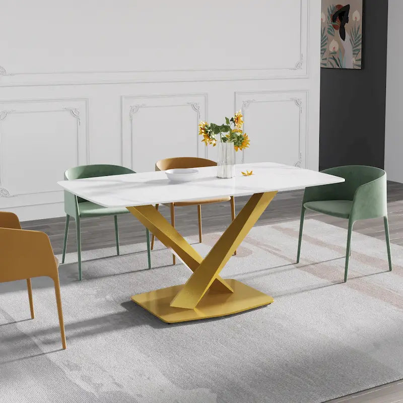 63-Inch Dining Table with Slate Stone Top and Metal Legs