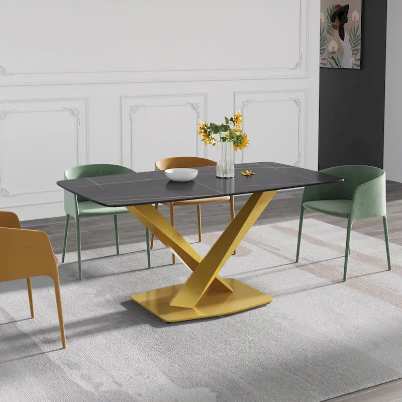 63-Inch Dining Table with Slate Stone Top and Metal Legs
