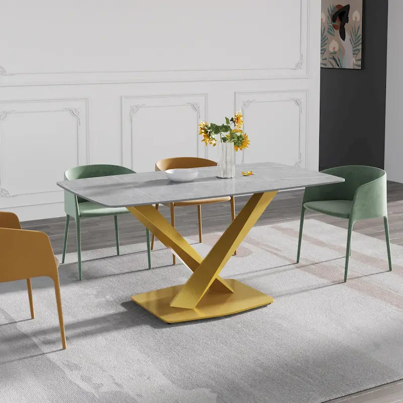 63-Inch Dining Table with Slate Stone Top and Metal Legs