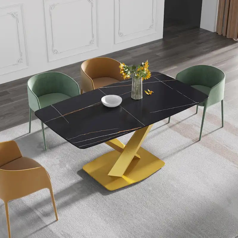 63-Inch Dining Table with Slate Stone Top and Metal Legs