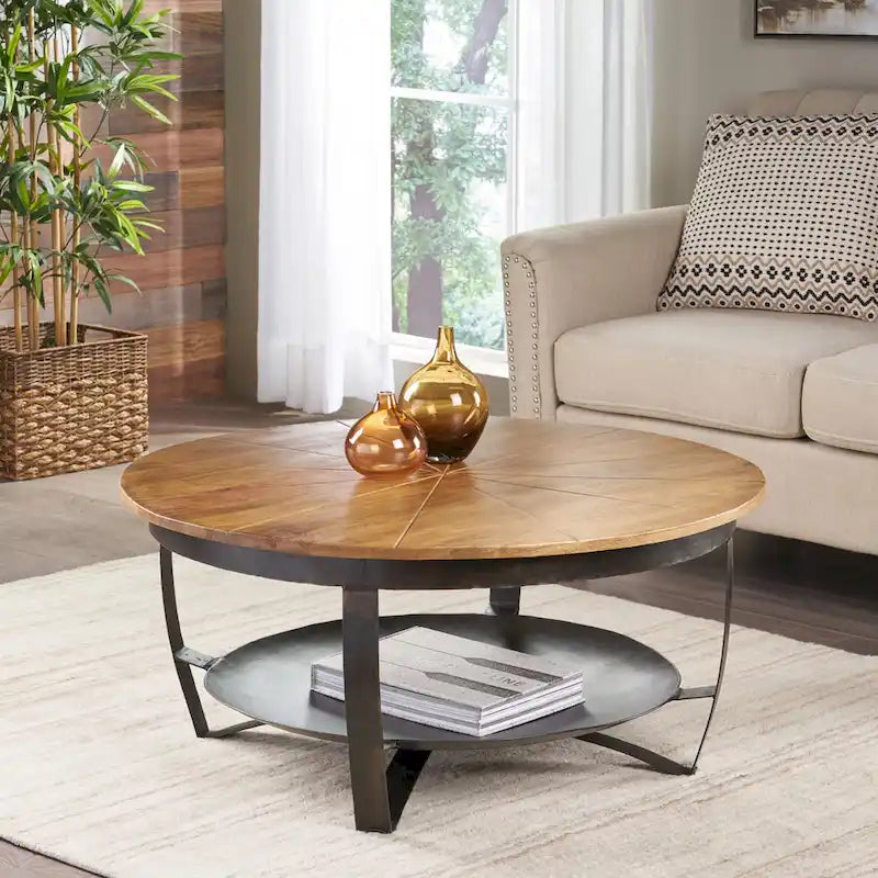 Round Mango Wood Coffee Table with Metal Base