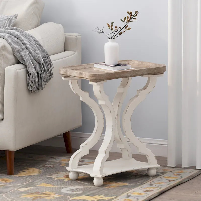 Distressed White Accent Table with Hourglass Base