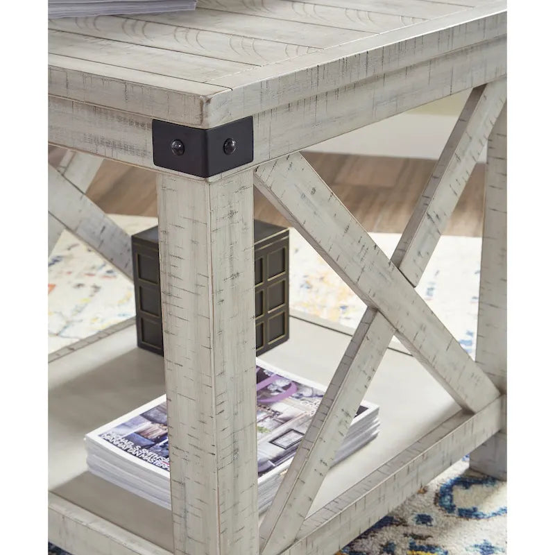 Distressed Whitewash Rectangular End Table with Crossbuck Design