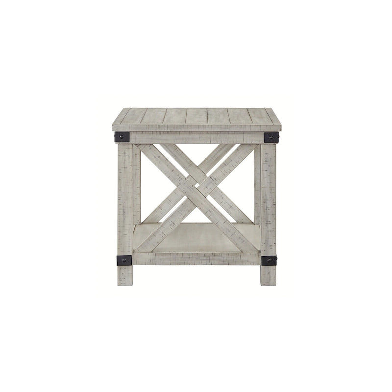 Distressed Whitewash Rectangular End Table with Crossbuck Design