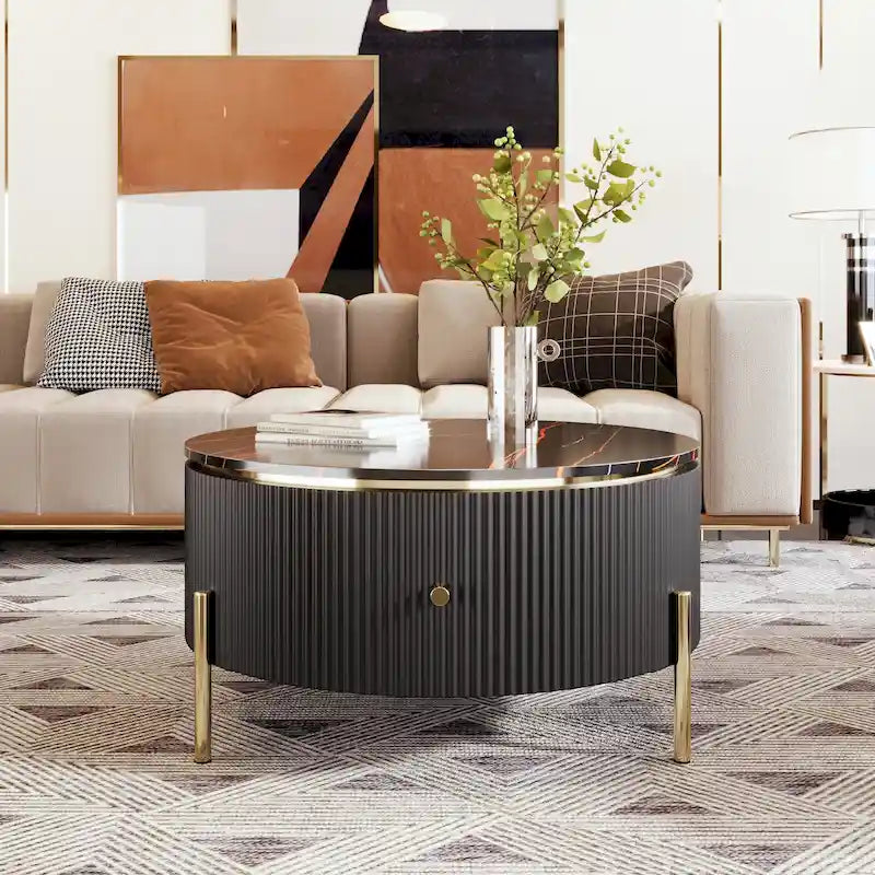 Round Coffee Table with 2 Drawers and Marble Pattern Top