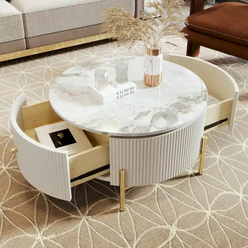 Round Coffee Table with 2 Drawers and Marble Pattern Top