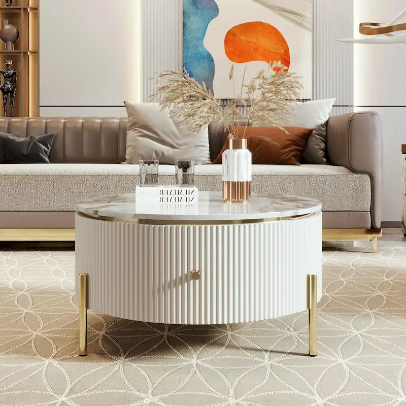 Round Coffee Table with 2 Drawers and Marble Pattern Top