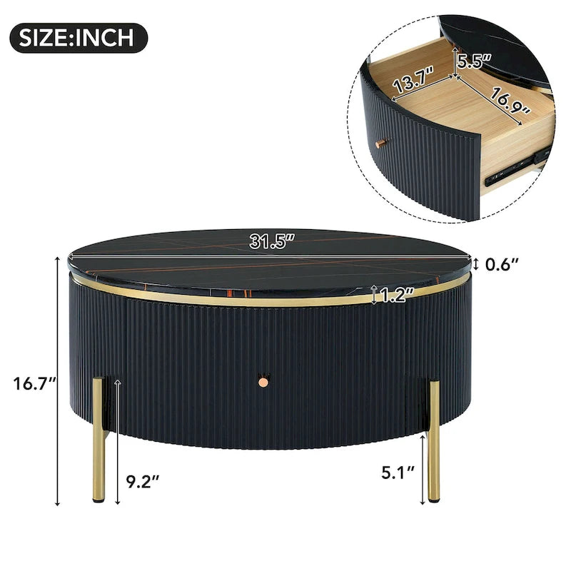 Round Coffee Table with 2 Drawers and Marble Pattern Top