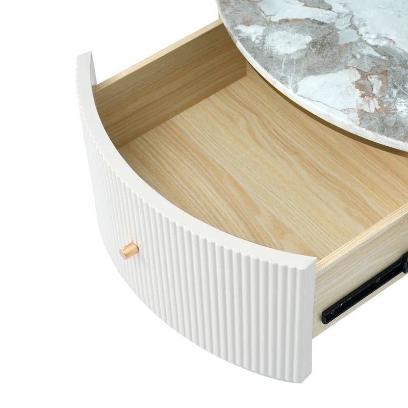 Round Coffee Table with 2 Drawers and Marble Pattern Top