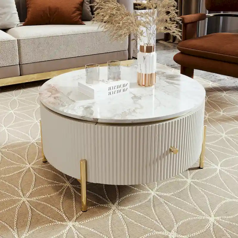 Round Coffee Table with 2 Drawers and Marble Pattern Top
