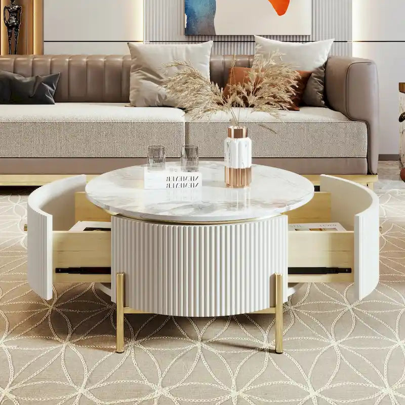 Round Coffee Table with 2 Drawers and Marble Pattern Top