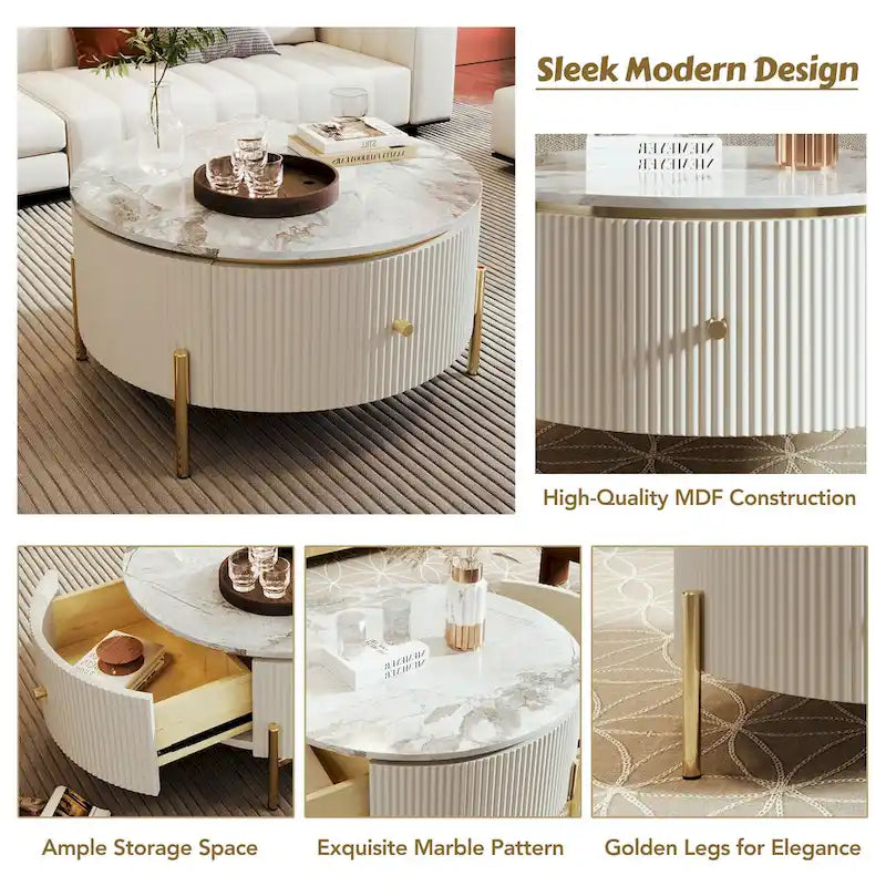 Round Coffee Table with 2 Drawers and Marble Pattern Top