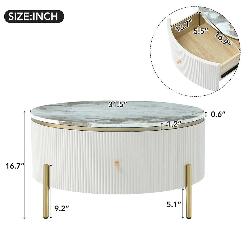 Round Coffee Table with 2 Drawers and Marble Pattern Top