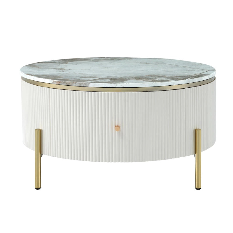 Round Coffee Table with 2 Drawers and Marble Pattern Top