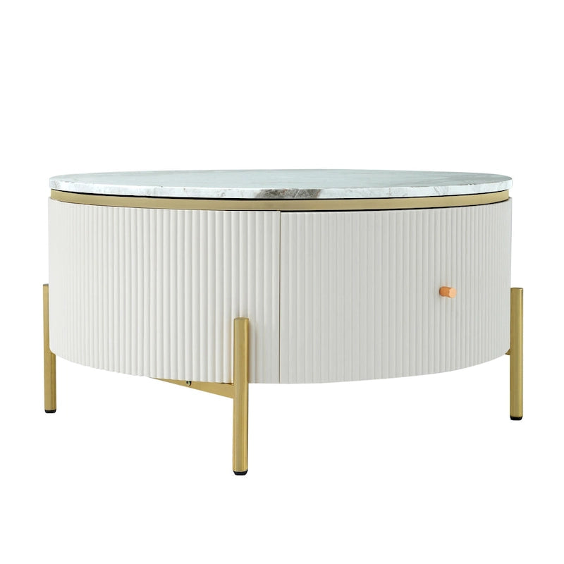 Round Coffee Table with 2 Drawers and Marble Pattern Top