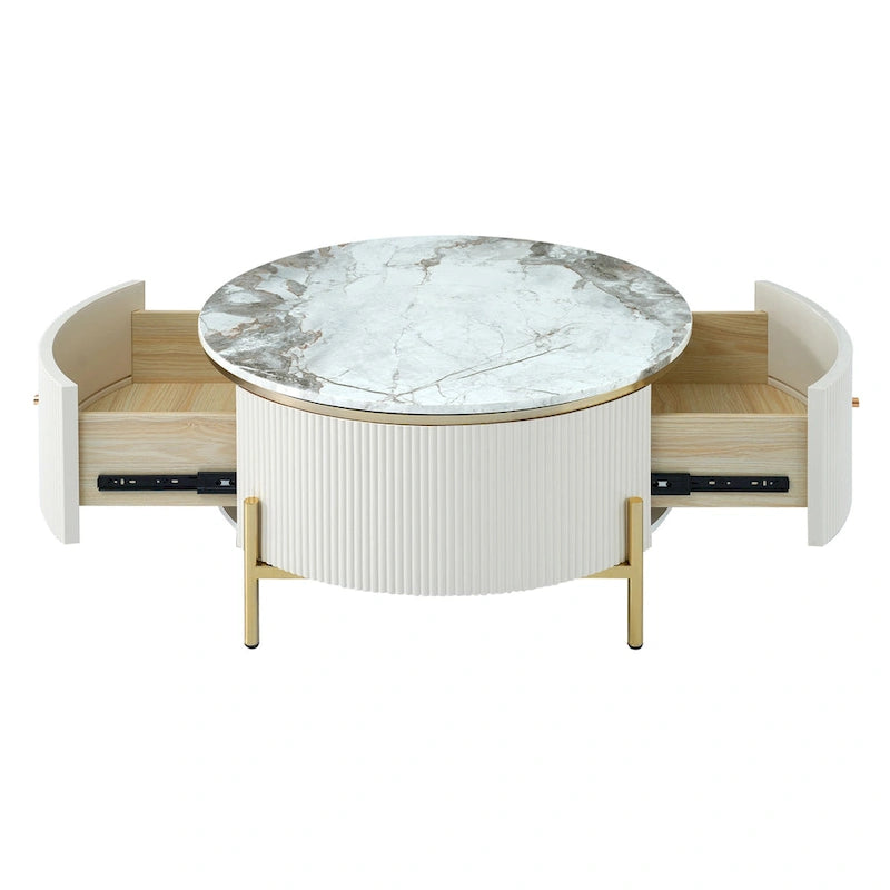Round Coffee Table with 2 Drawers and Marble Pattern Top