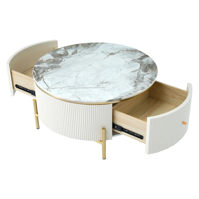 Round Coffee Table with 2 Drawers and Marble Pattern Top