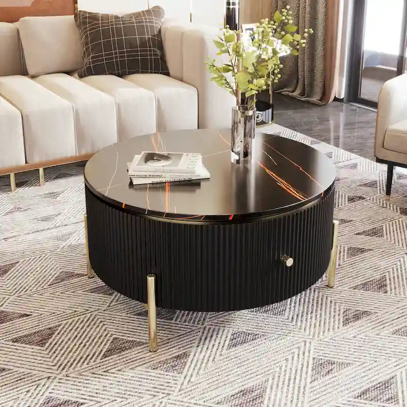 Round Coffee Table with 2 Drawers and Marble Pattern Top