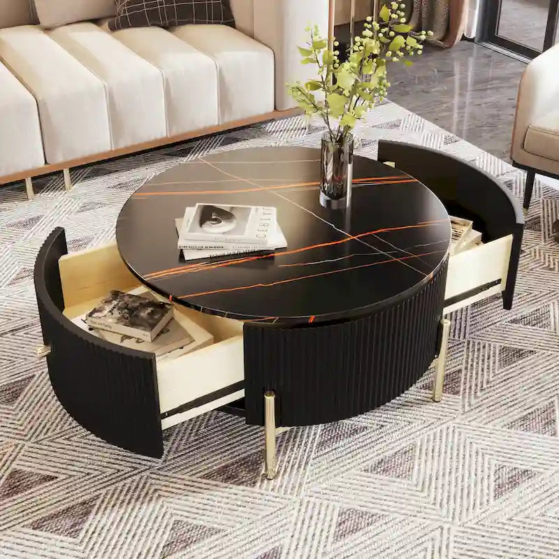 Round Coffee Table with 2 Drawers and Marble Pattern Top