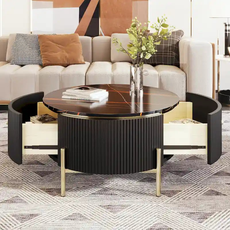 Round Coffee Table with 2 Drawers and Marble Pattern Top