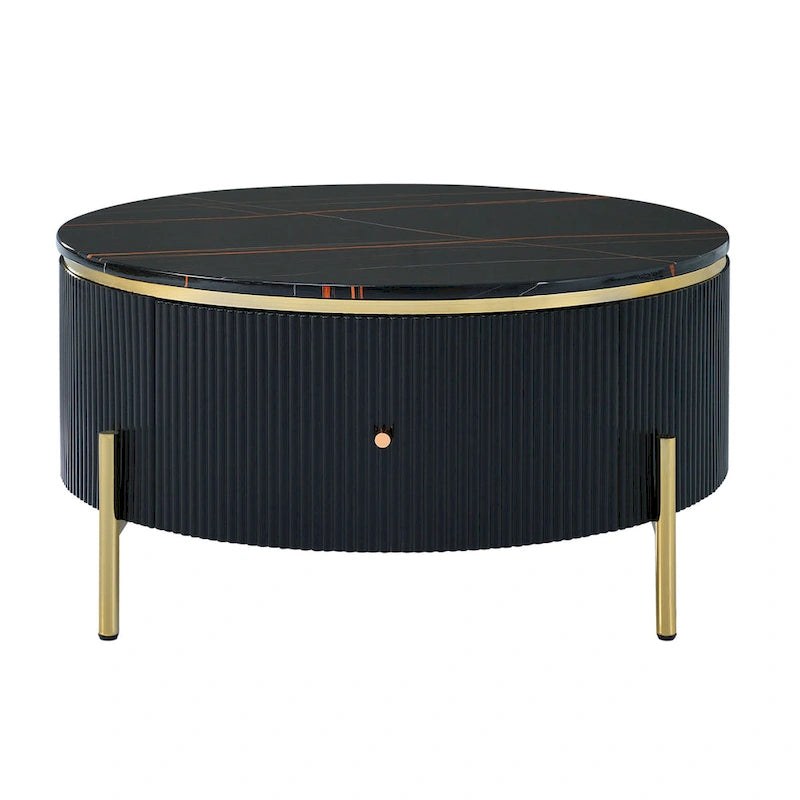 Round Coffee Table with 2 Drawers and Marble Pattern Top