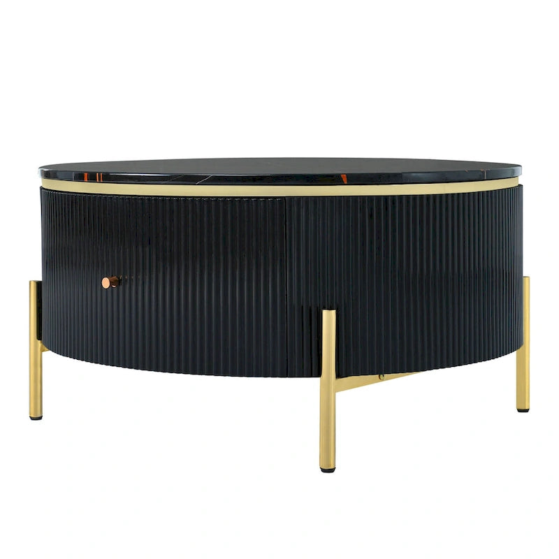 Round Coffee Table with 2 Drawers and Marble Pattern Top