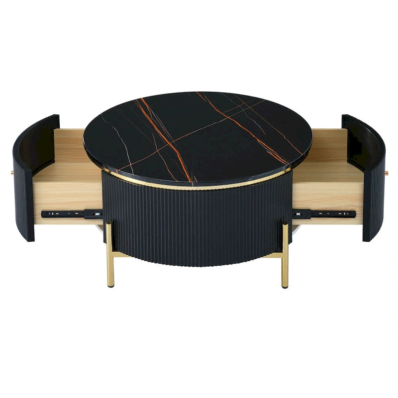 Round Coffee Table with 2 Drawers and Marble Pattern Top