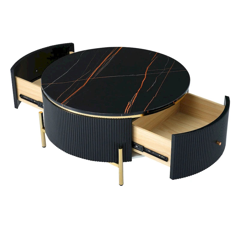 Round Coffee Table with 2 Drawers and Marble Pattern Top