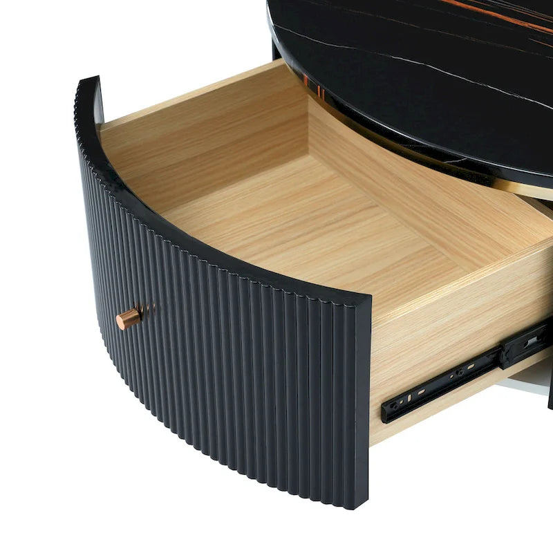 Round Coffee Table with 2 Drawers and Marble Pattern Top