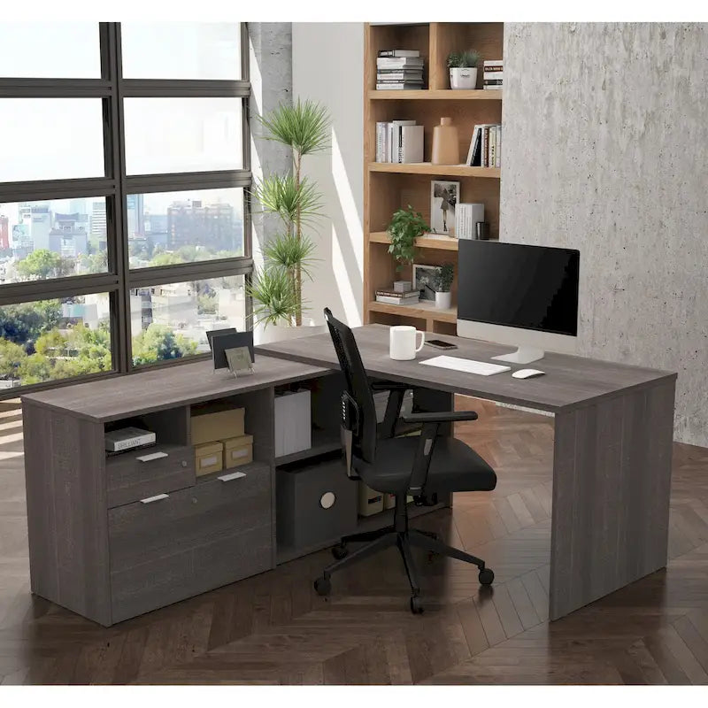 L-Shaped Desk with 2 Drawers and Storage Compartments