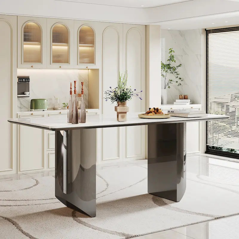 0.47 Thick Sintered Stone Composite Tempered Glass Top Dining Table with Stainless Steel Base