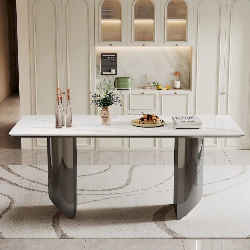 Dining Table with Sintered Stone Composite Glass Top and Stainless Steel Base