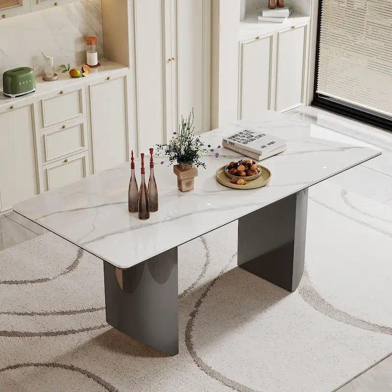 Dining Table with Sintered Stone Composite Glass Top and Stainless Steel Base