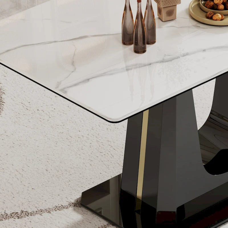 Dining Table with Sintered Stone Composite Glass Top and Stainless Steel Base